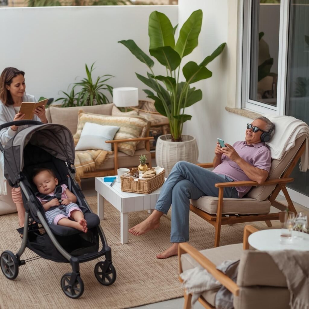 Toddler resting in a stroller while adults relax with books and headphones on a cozy outdoor terrace at a vacation rental