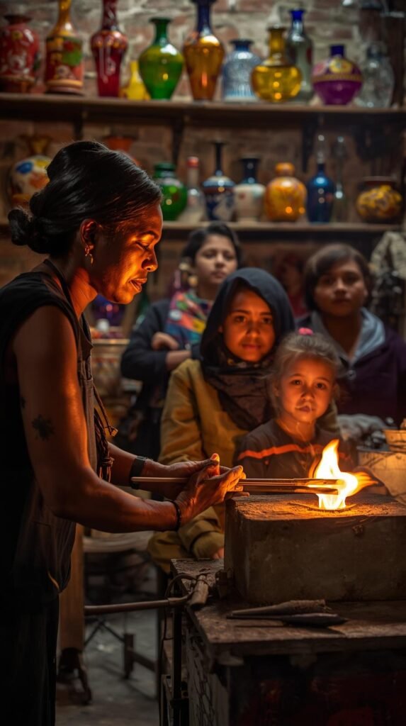 Family watching a glassblower shape molten glass in a Murano workshop, with colorful glass vases on shelves behind.