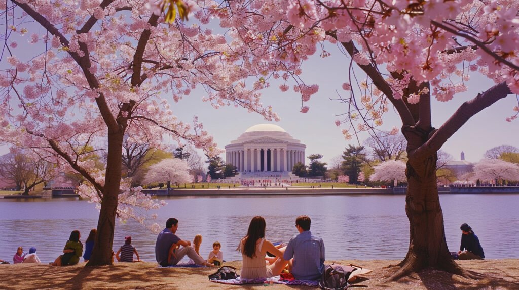 Families sitting under cherry blossom trees by the Tidal Basin, looking toward the Jefferson Memorial during the National Cherry Blossom Festival in Washington, DC.