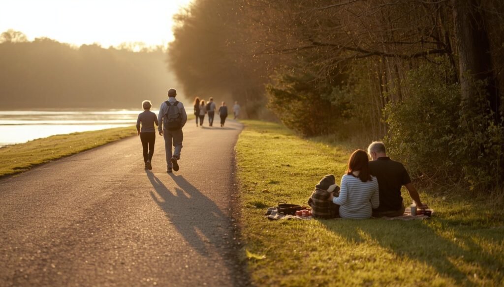 People walking slowly along a flat path beside the water while a family sits on a picnic blanket in the grass at sunse
