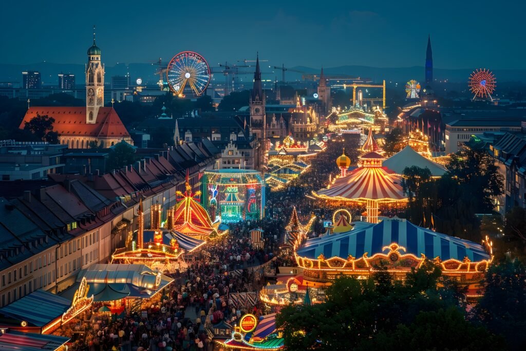 Nighttime aerial view of Oktoberfest in Munich, Germany, with brightly lit beer tents, rides, and crowds filling the festival grounds.
