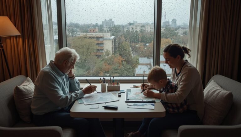 Multigenerational family doing rainy‑day creative travel activities together at a hotel room table with a city view through a rain‑streaked window.