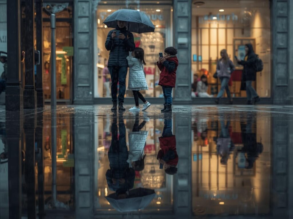 Adult and two children standing on a rainy city street, taking photos with phones under an umbrella, with shopfronts and their reflections visible in a large puddle.