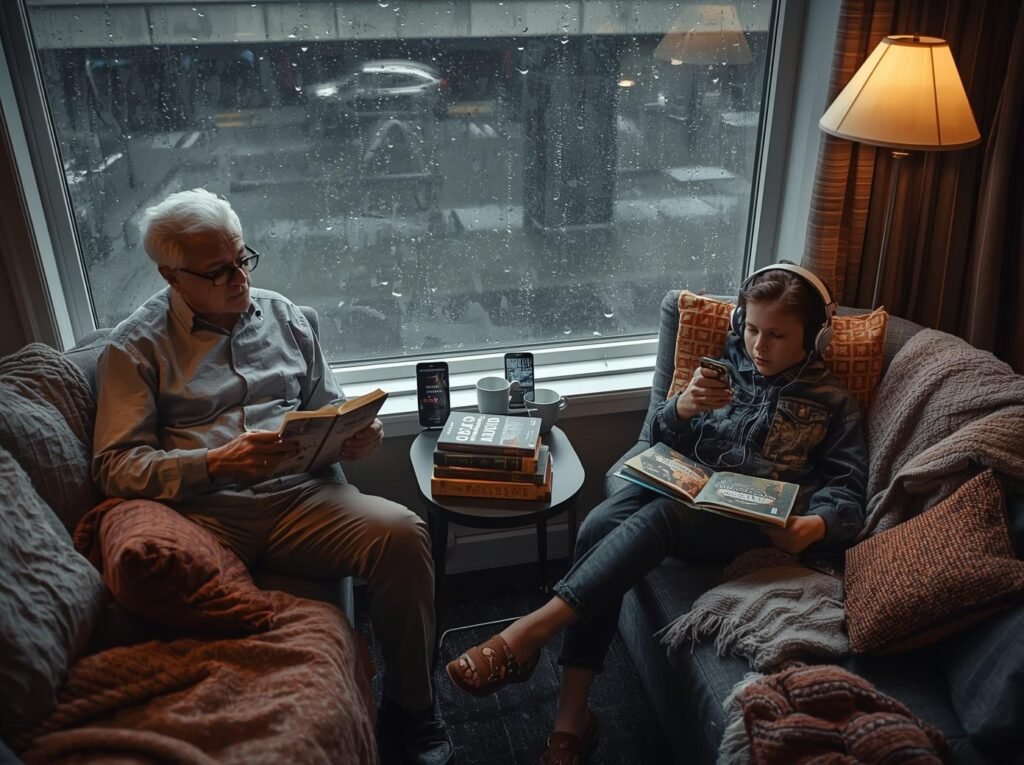 Grandparent reading a book and child with headphones listening to audio while holding a book, sitting on sofas by a large rain‑streaked hotel window with a stack of books and phones on the table between them.