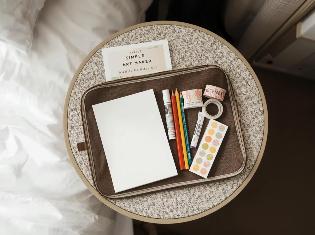 Flat lay of a simple travel creativity kit on a round bedside table, with small sketchbook, pencils, markers, stickers, and decorative tape in a zipper pouch next to hotel bedding.