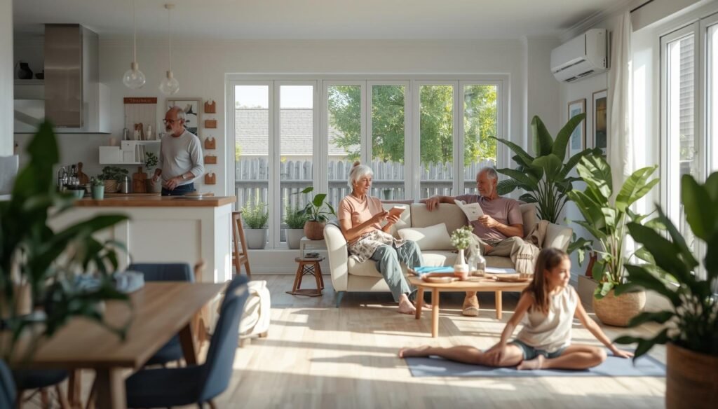 Family spending a slow day in a bright vacation rental, with one person cooking in the kitchen, two adults reading on the sofa, and a child stretching on a mat on the floor