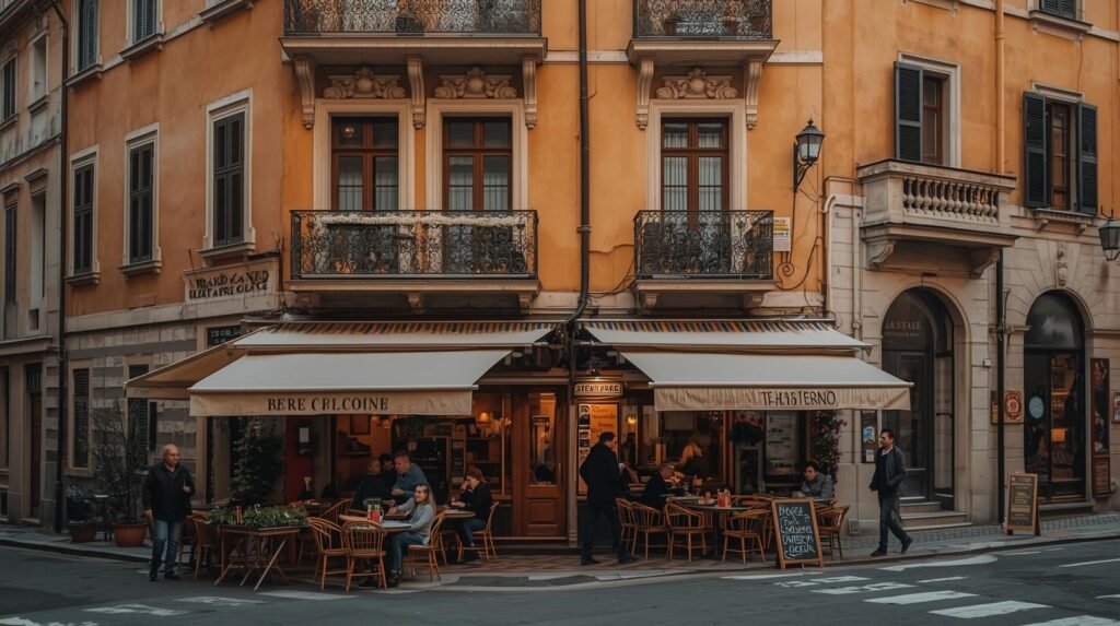 People sitting outside a small neighborhood café in a residential street