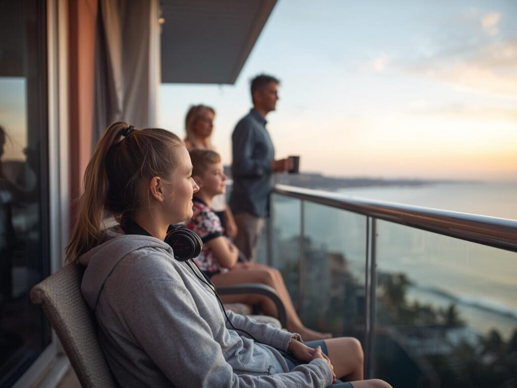 Teen sitting on a hotel balcony at sunset with headphones around their neck, relaxing with family and quietly looking out at the ocean.