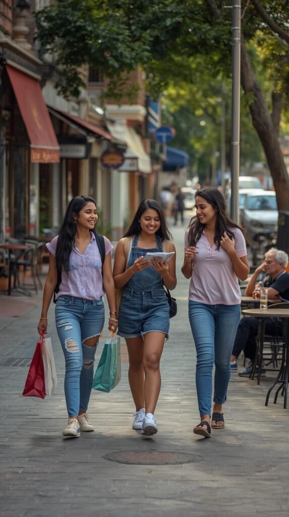 Three teenagers walking down a city street with shopping bags while one looks at a map on a phone, exploring the neighborhood on their own.
