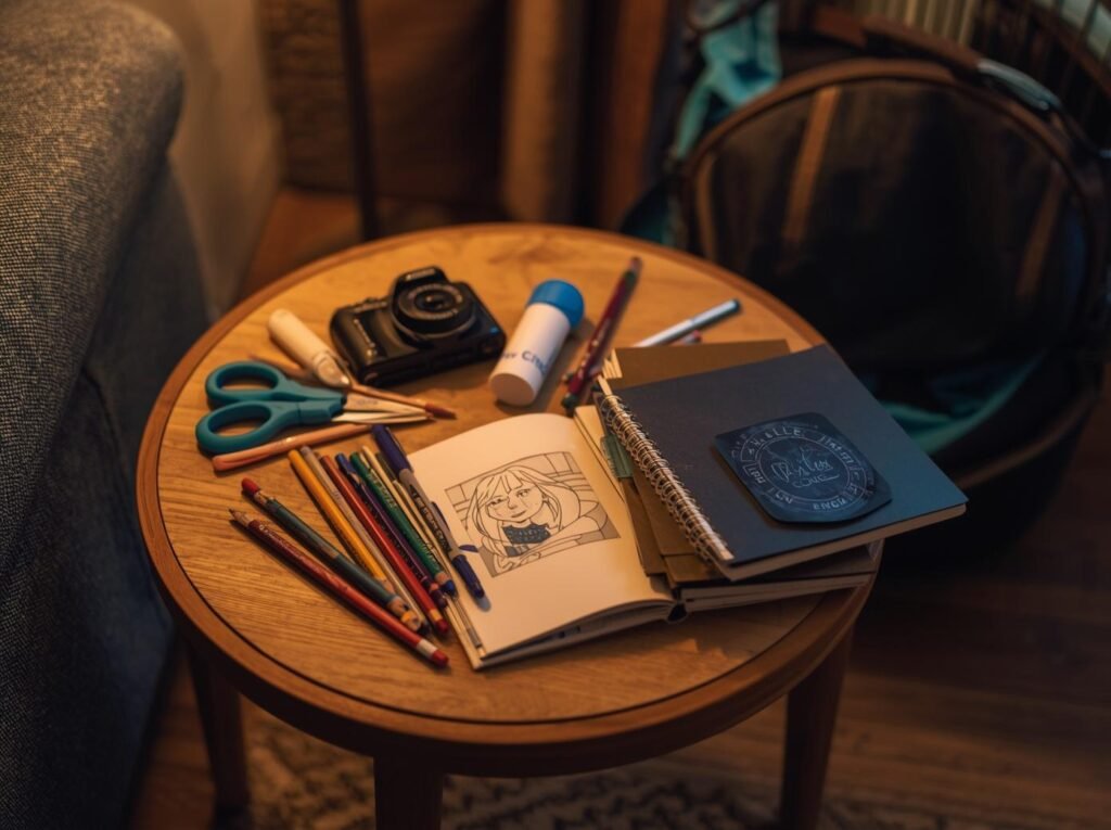 Small side table in a vacation rental with a compact family art kit laid out, including colored pencils, scissors, glue stick, camera, and travel.