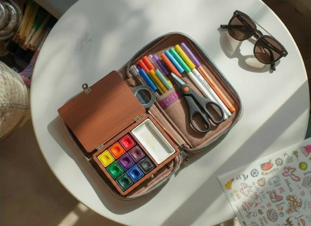 Open travel art kit with mini watercolor palette, markers, scissors, and stickers organized in a zip pouch on a table.