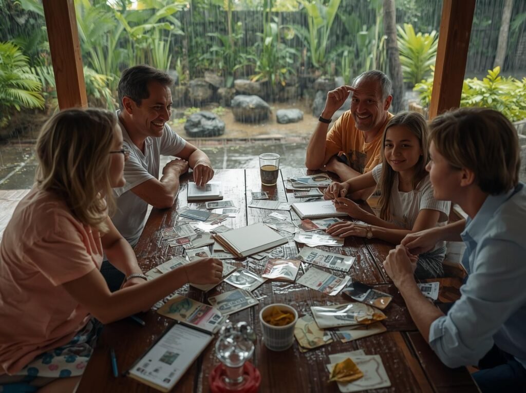 Multigenerational family sitting around a wooden table under a covered patio in a tropical location on a rainy day, sorting photos, tickets, and papers together for a shared travel memory journal.