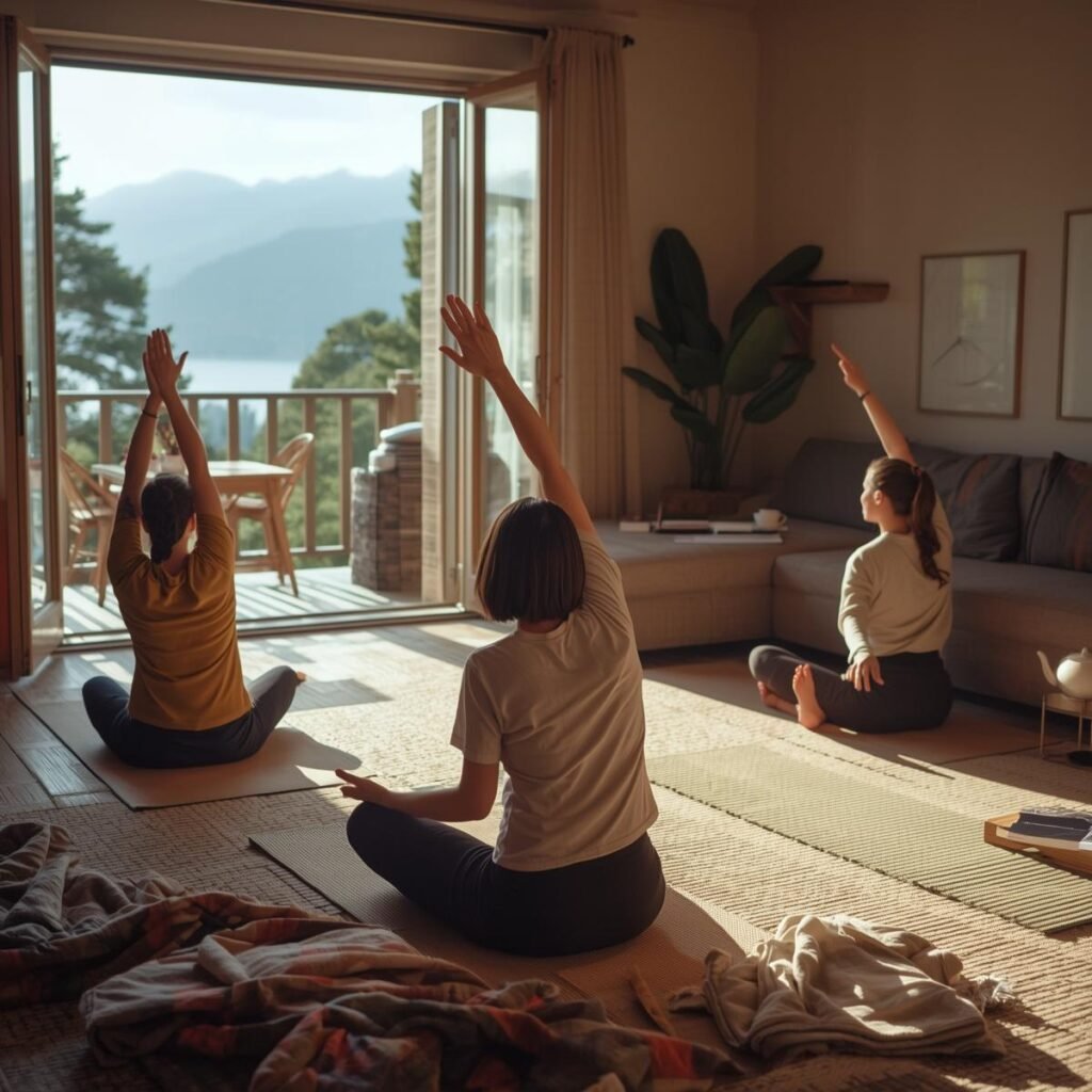 Family doing gentle yoga together in a cozy vacation rental living room with open doors to a mountain view