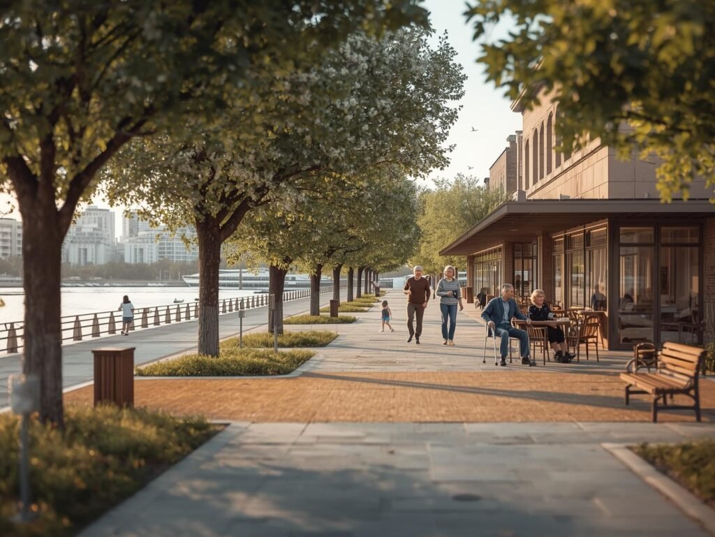 Older adults and families on a flat waterfront promenade with benches, shade trees, and a cafe with outdoor seating, showing an accessible, comfort‑first walking route.