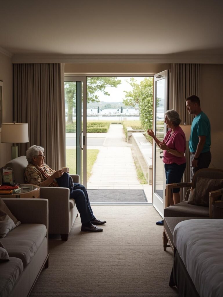 lder adults in a ground‑floor hotel room with a walk‑out door to a flat path, showing a comfortable, accessible home base on a trip.