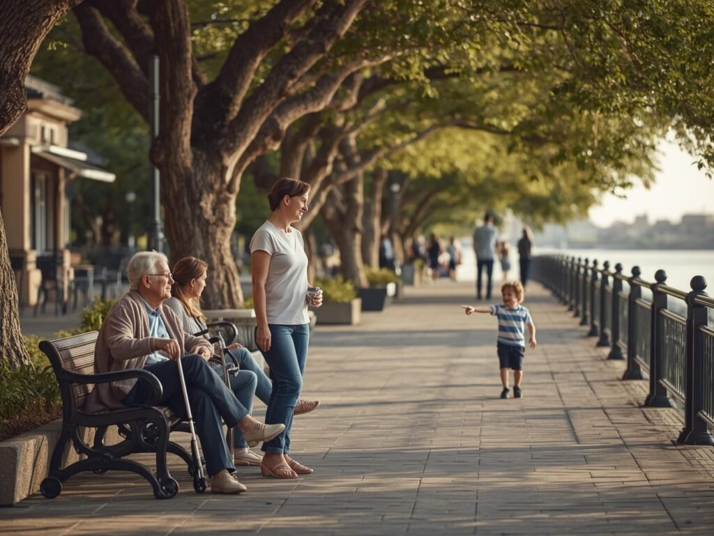 Older adult with a cane sitting on a bench beside family members on a flat, tree‑lined waterfront promenade, while a child walks ahead, showing an accessible route with plenty of seating.