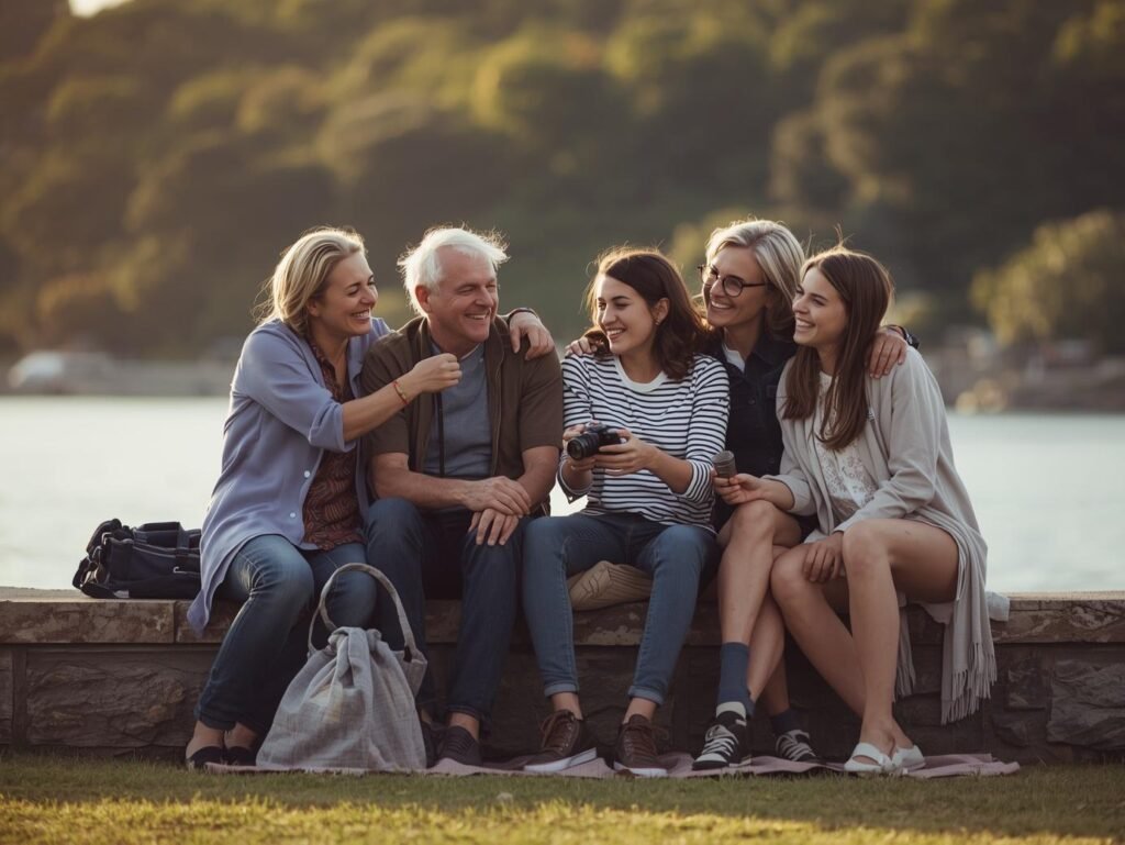 Grandparent and younger family members sitting close together by the water, smiling and talking, illustrating a multigenerational trip where everyone feels included and relaxed.