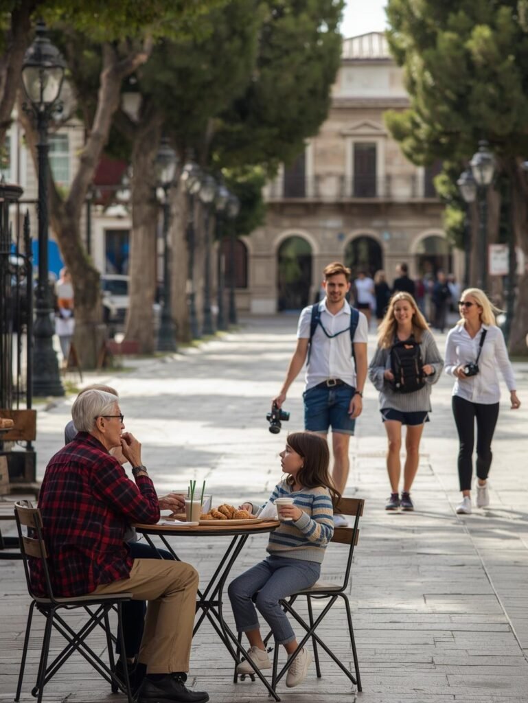 Grandparent and child sitting at an outdoor cafe with pastries while a group of teens or young adults walks past on a flat, tree‑lined street, illustrating different pace options on a multigenerational trip.