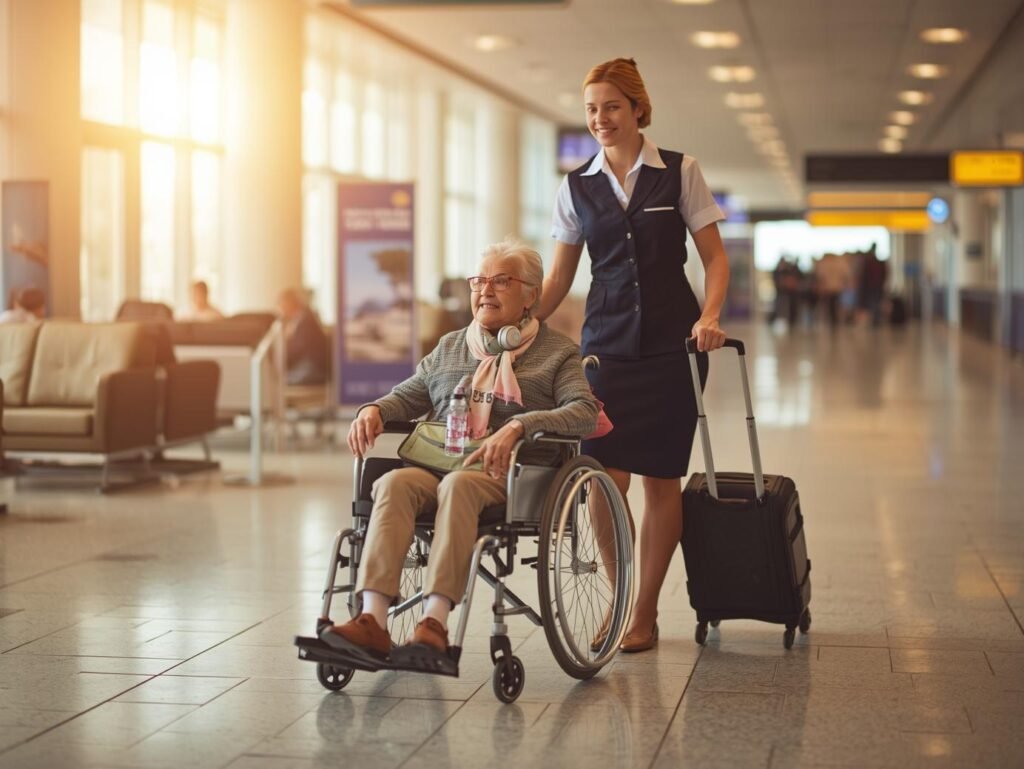 Older adult in a wheelchair being assisted by airport staff in a calm terminal, with a small bag, scarf, and headphones, illustrating a gentle, supported travel day.