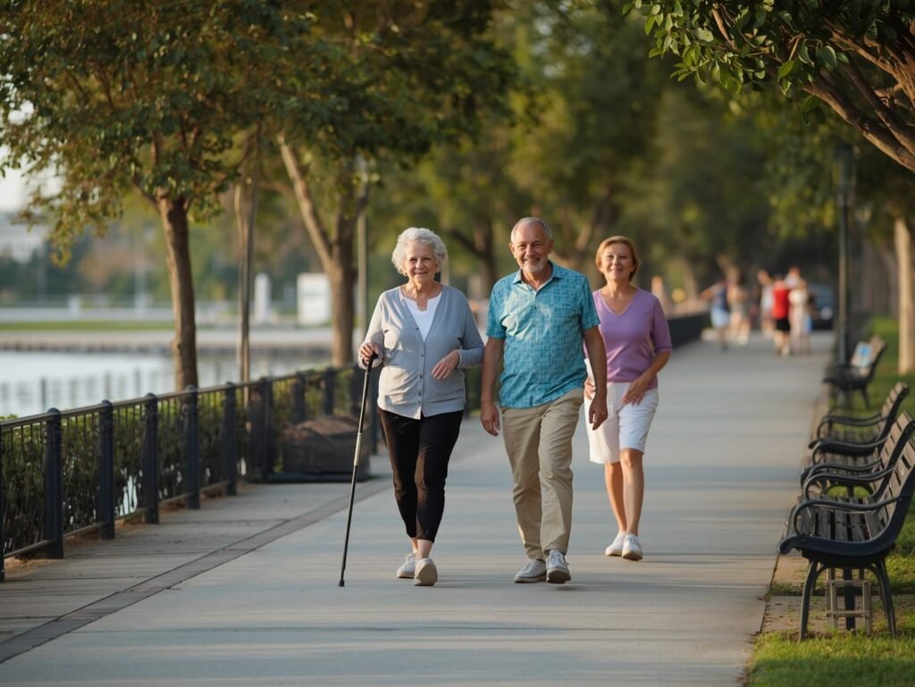 Older adults walking slowly along a flat waterfront path, one using a cane, with benches and railings nearby, illustrating gentle, low‑impact movement on vacation.