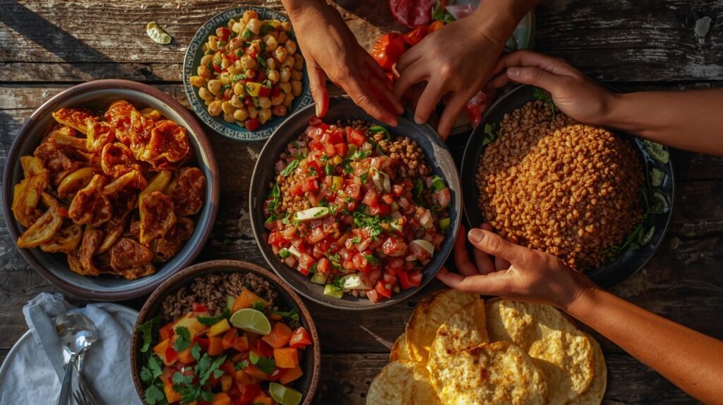 Hands reaching into shared bowls of colorful Costa Rican dishes on a rustic table during Day 5 markets and cooking day.