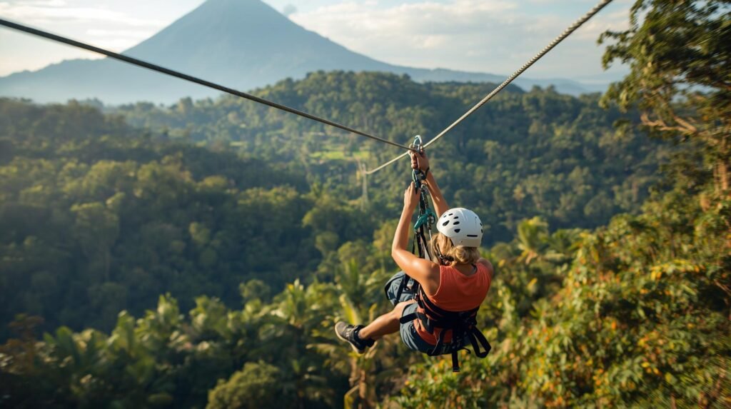 erson ziplining above lush Costa Rica jungle with a volcano in the distance on Day 3 adventure.