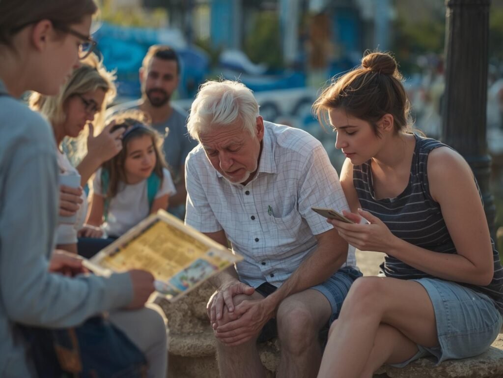 Multigenerational family gathered around a seated grandparent who looks tired, while a younger adult checks a phone or map and talks with them, illustrating the choice to end the day early.