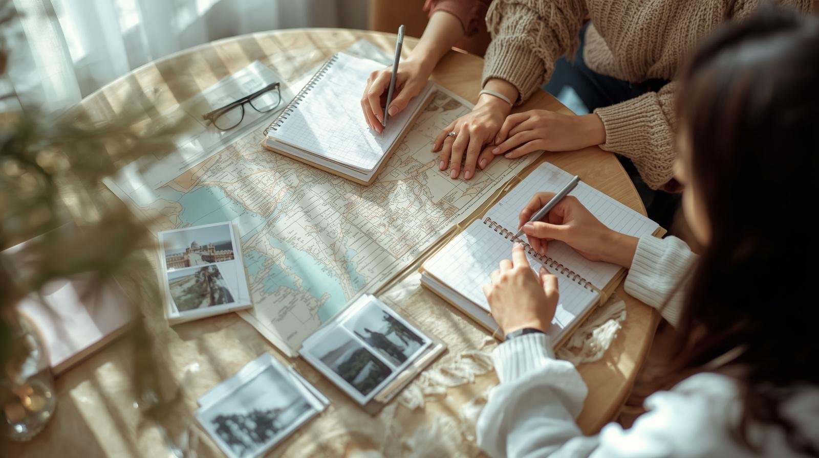People planning a trip together with notebooks and a map on a table.
