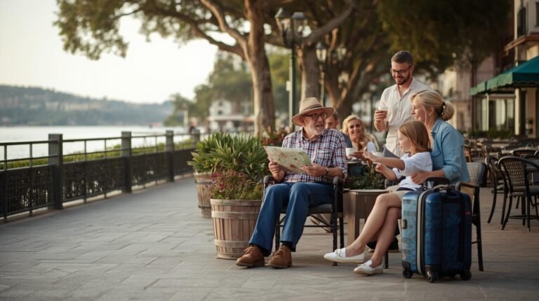 Multigenerational family with older adults resting on a waterfront promenade, enjoying a comfort‑first wellness‑style vacation together.)