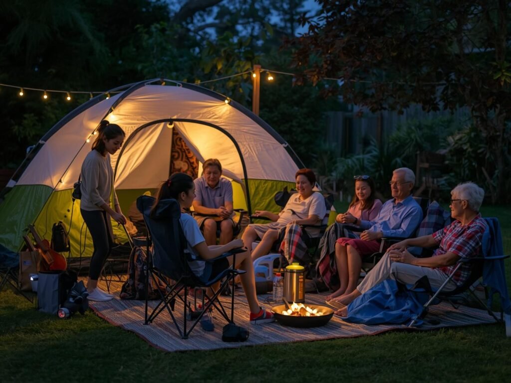 Grandparents, parents, teens, and kids sitting around a tent and small fire pit during a cozy backyard campout at night.