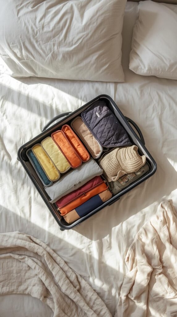 Open suitcase on a bed filled with neatly arranged color-coded packing cubes and clothes.