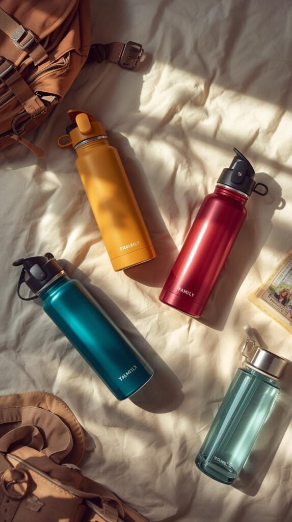 Four colorful reusable water bottles arranged on a bed with a backpack nearby.