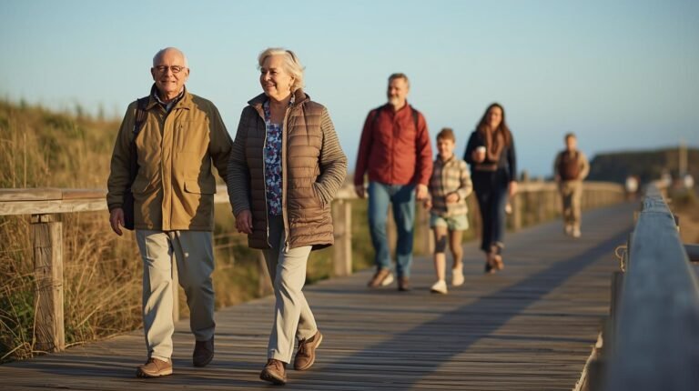Grandparents walking comfortably on a boardwalk with their family on a sunny trip