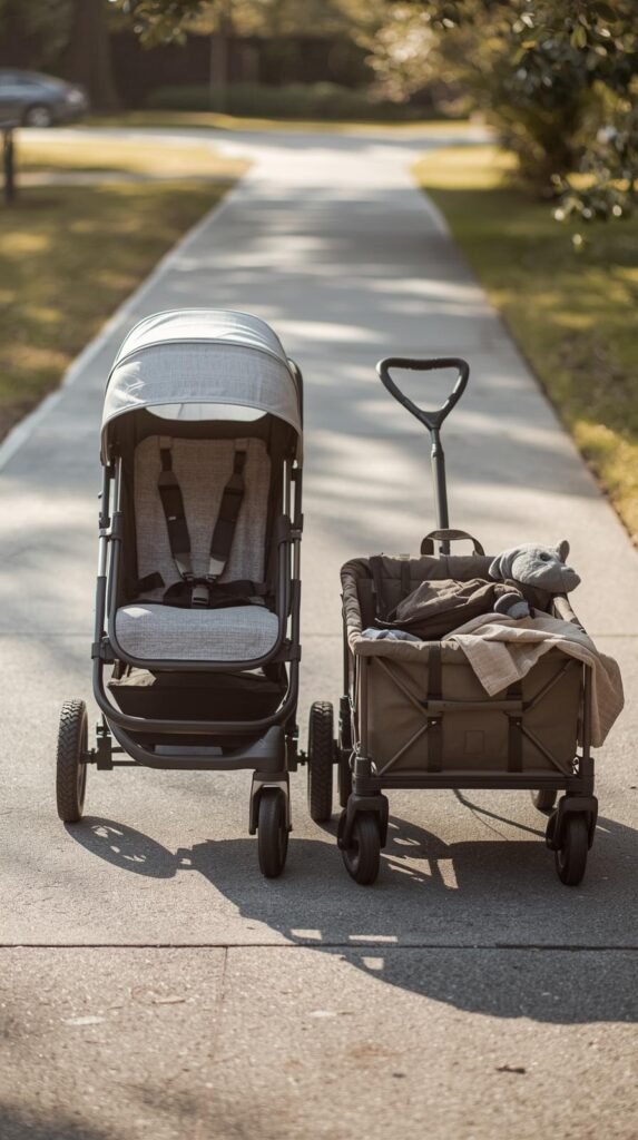 Compact stroller and foldable wagon side by side on a path, ready for a family outing.
