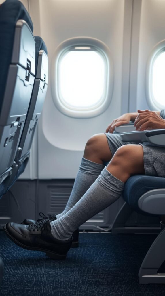Older traveler sitting on an airplane wearing knee-high compression socks to support circulation