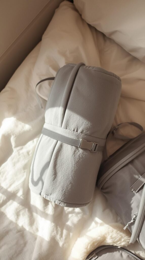 Rolled gray travel blanket secured with a strap on a bed in soft light.