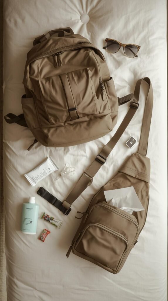 Daypack and crossbody sling bag on a bed with sanitizer, wipes, snacks, and sunglasses laid out around them.