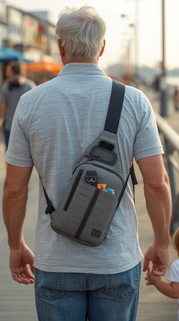 Older adult walking on a boardwalk wearing a small crossbody day bag with multiple zippered pockets