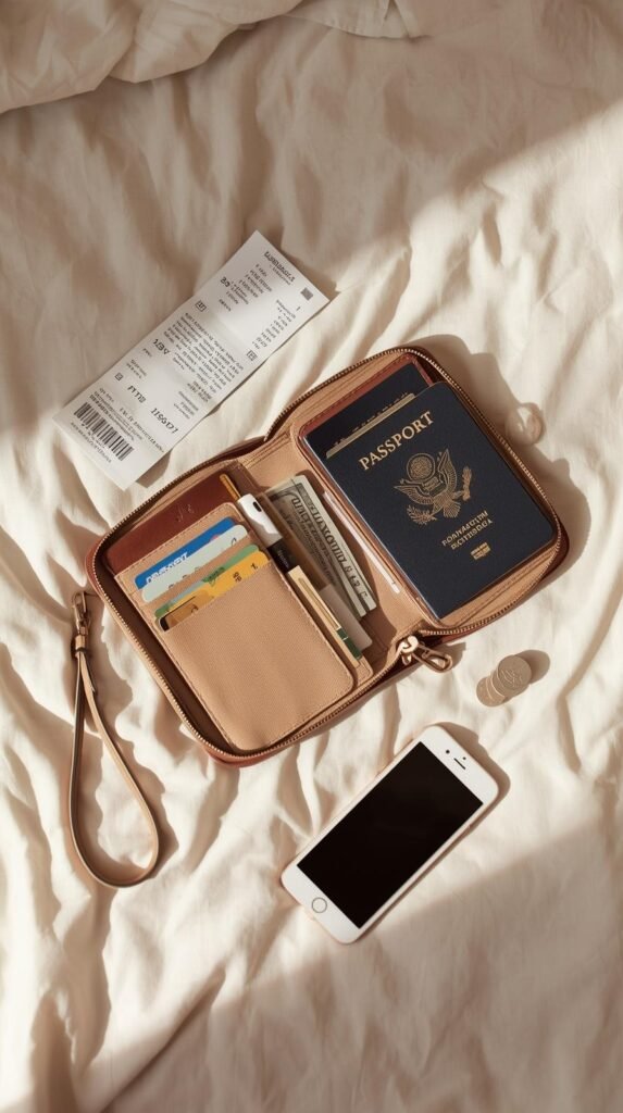 Open travel document organizer on a bed holding a passport, cards, cash, and boarding passes beside a smartphone.