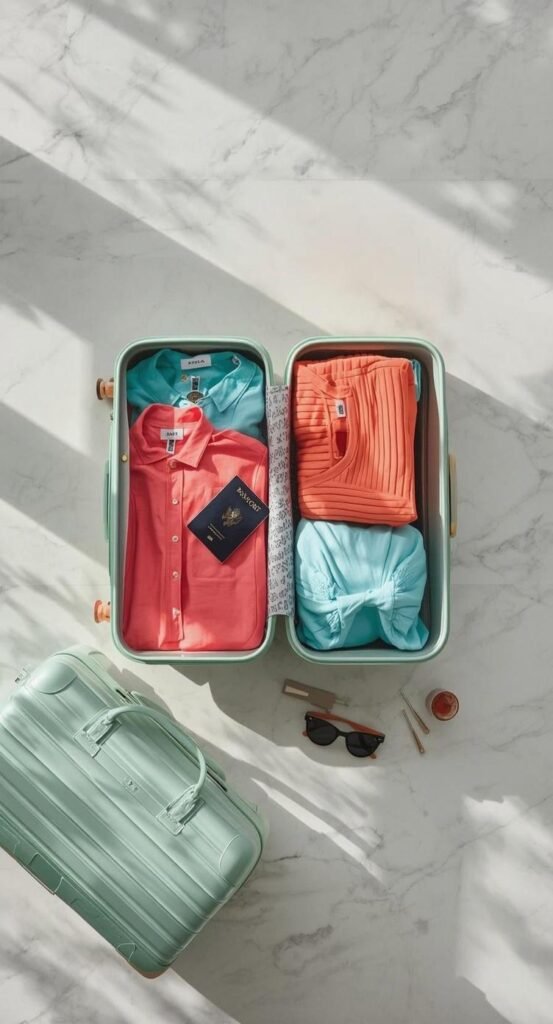 Open mint hard-shell suitcase packed with neatly folded clothes and a passport on a light background.