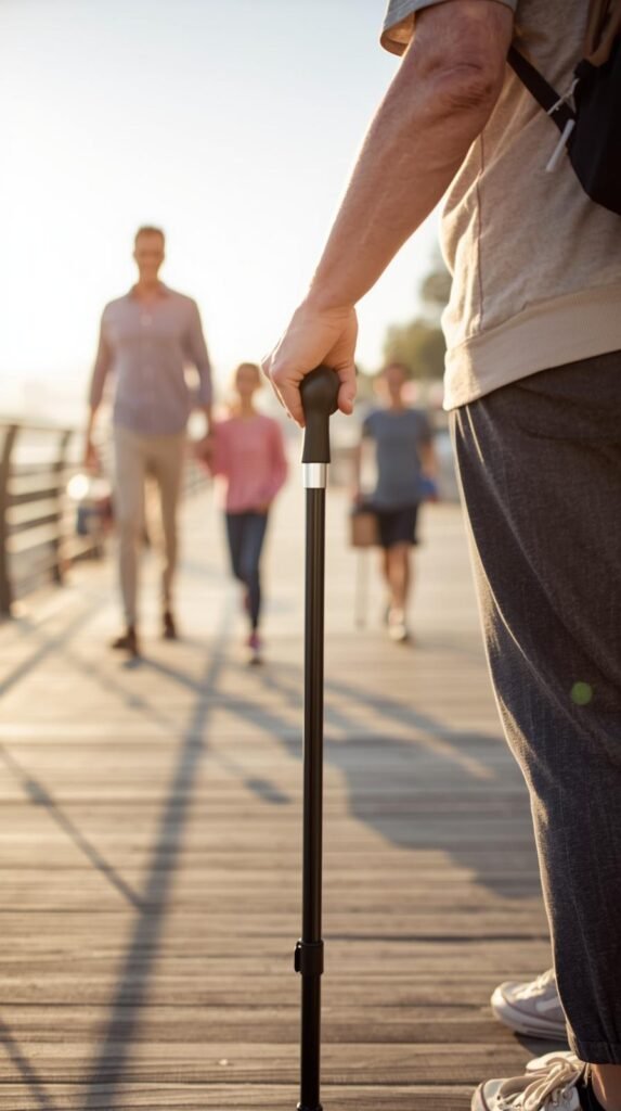 Older adult walking on a sunny boardwalk using a slim walking cane with family in the background