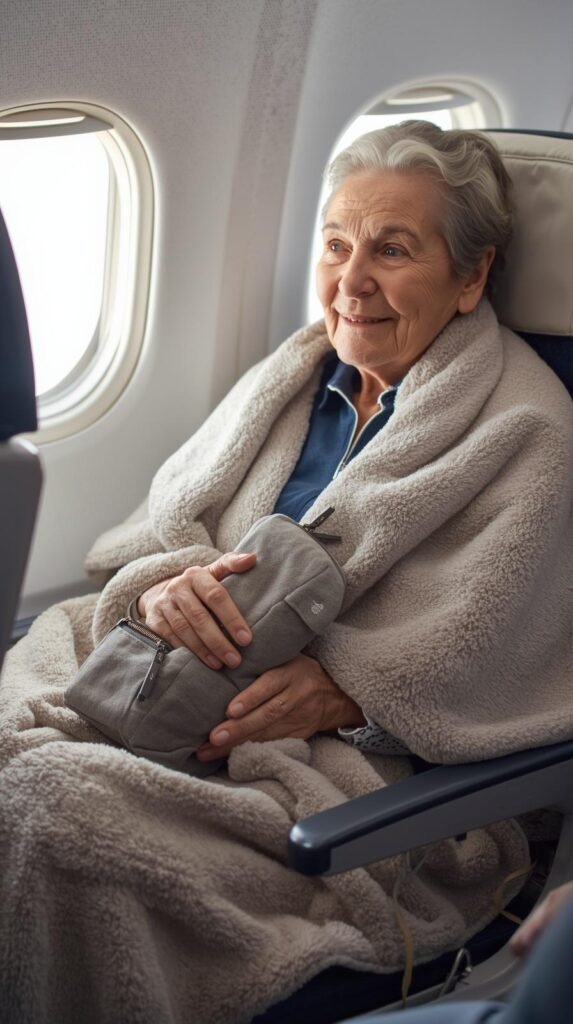 Older woman sitting on an airplane using a soft travel blanket and holding a compact blanket pouch