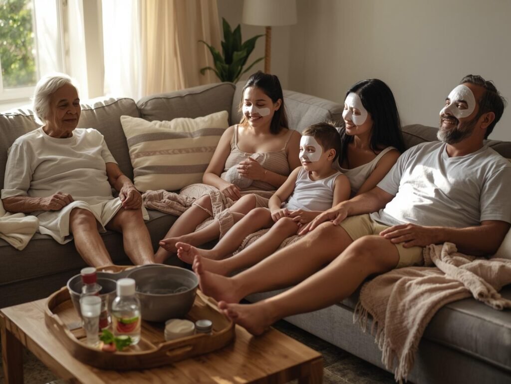 Grandparents, parents, and kids relaxing together on a couch with a DIY spa setup on the coffee table during a slow-paced wellness day at home.