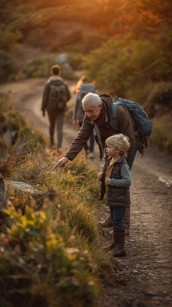 Grandparent and child on a forest trail at sunset, stopping to look closely at plants while the rest of the family walks ahead.