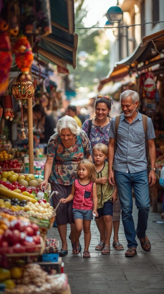 Grandparents, parents, and children walking closely together through a colorful outdoor market, exploring stalls and talking as they go.