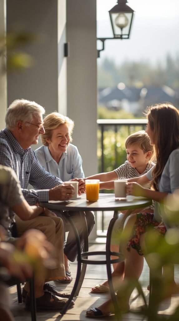 Grandparents, parent, and child sharing slow morning coffee together on a sunny patio during a family trip.
