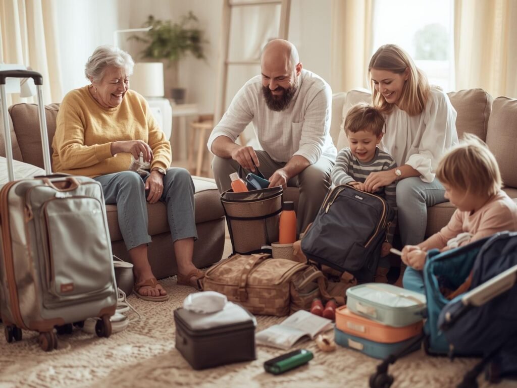 Multigenerational family sitting in a living room packing suitcases, backpacks, and kids’ travel gear together before a trip.