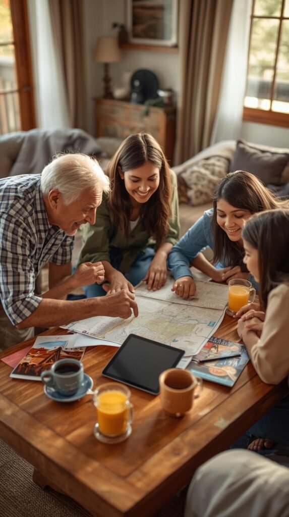 Grandparent and younger family members leaning over a map and tablet at a coffee table, planning a trip together in a cozy living room.