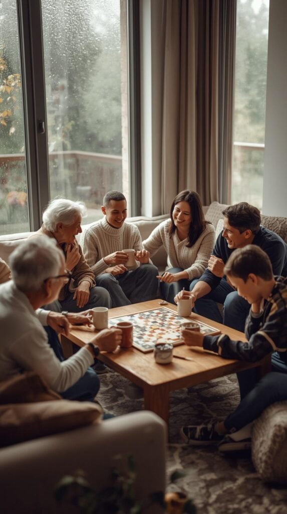 Multigenerational family gathered in a cozy living room on a rainy day, playing a board game and talking together.