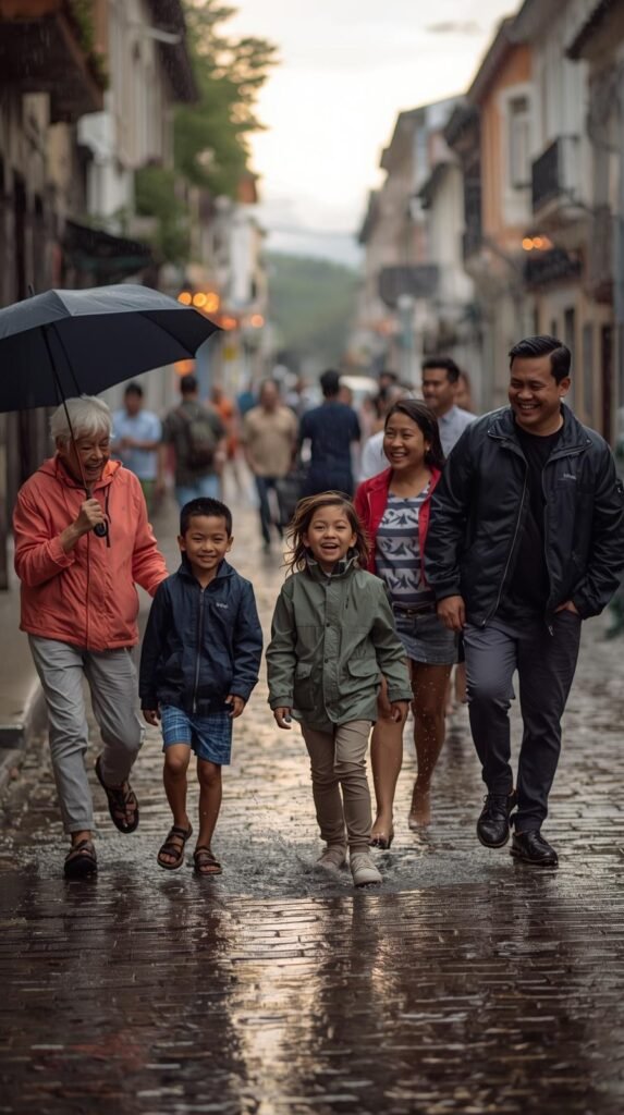 ultigenerational family walking down a wet cobblestone street under an umbrella after a rain shower during a trip.